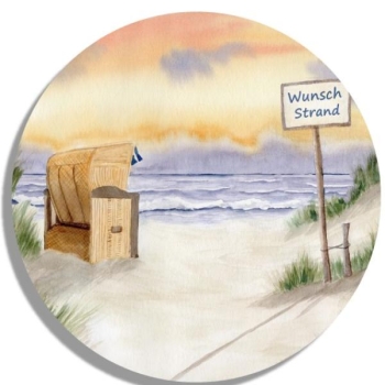 Untersetzer Glasuntersetzer rund 9,5 cm  Aquarell Kunst Druck Kunstdruck Strandkorb Sonnenuntergang Nordsee Insel Langeoog Sonnenuntergang Meer Möwe Strand Wunschname